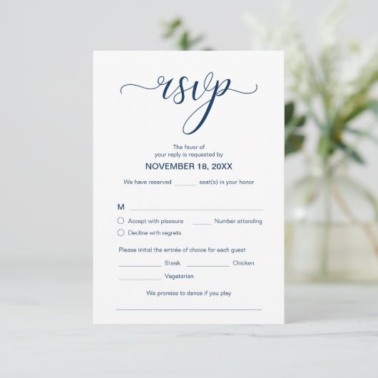 Modern Elegant RSVP, marineblauw, reageren Informatiekaartje (Staand voorkant)