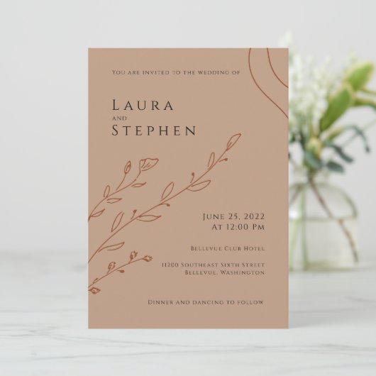 Modern Elegant Rust Botanical Wedding Invitation Kaart (Staand voorkant)