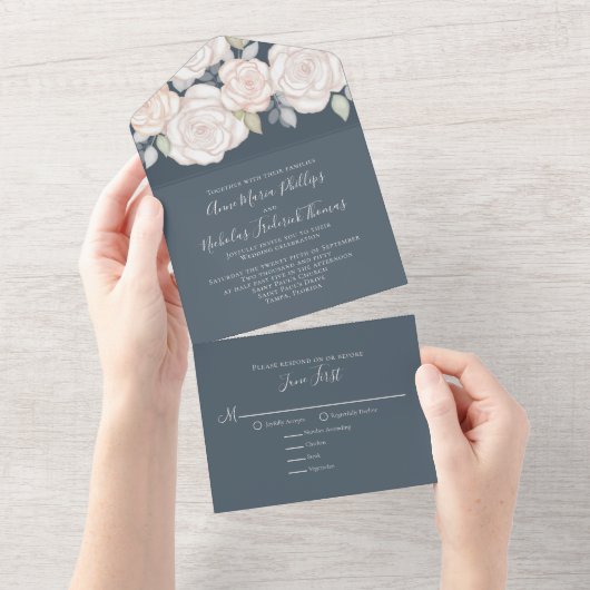 Modern Elegant Rustic Waterverf Floral Grey All In One Uitnodiging (Afscheurbaar)