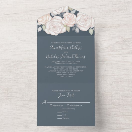 Modern Elegant Rustic Waterverf Floral Grey All In One Uitnodiging (Binnen)