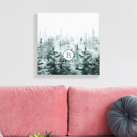 Modern Elegant Rustic Winter Green Custom Monogram Canvas Afdruk (Insitu (Woonkamer))