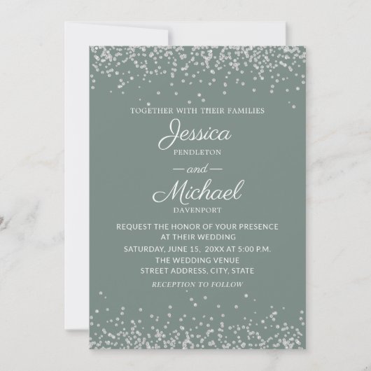 Modern Elegant Sage en Silver Glitter Wedding Kaart (Voorkant)