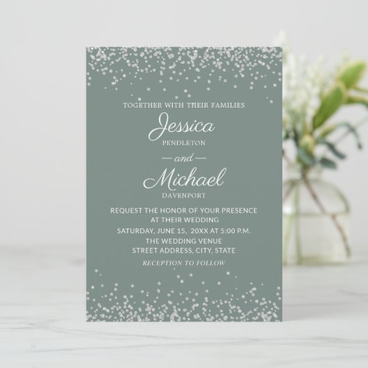 Modern Elegant Sage en Silver Glitter Wedding Kaart (Staand voorkant)