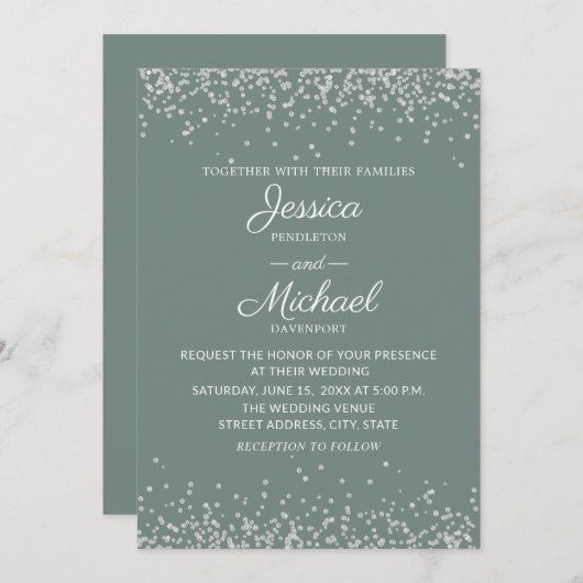 Modern Elegant Sage en Silver Glitter Wedding Kaart (Voorkant / Achterkant)