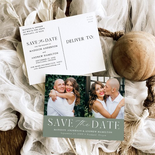 Modern Elegant Sage Green 2 Foto Save the Date Aankondigingskaart