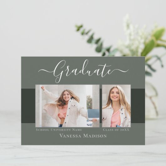 Modern | Elegant Sage Green 2 Photo Afstuderen Aankondiging (Staand voorkant)