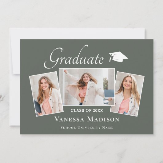 Modern | Elegant Sage Green 3 Foto Afstuderen Aankondiging (Voorkant)