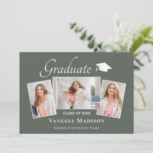 Modern | Elegant Sage Green 3 Foto Afstuderen Aankondiging (Staand voorkant)