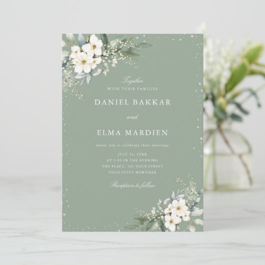 Modern Elegant Sage Green Boho Floral Wedding  Kaart (Staand voorkant)