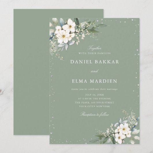 Modern Elegant Sage Green Boho Floral Wedding  Kaart (Voorkant / Achterkant)