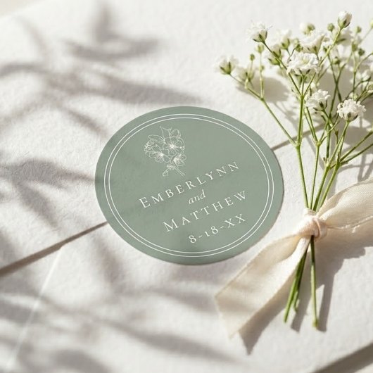 Modern Elegant Sage Green Botanical Wedding Ronde Sticker