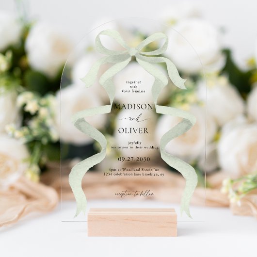 Modern Elegant Sage Green Bow Wedding Arch Acryl Uitnodigingen