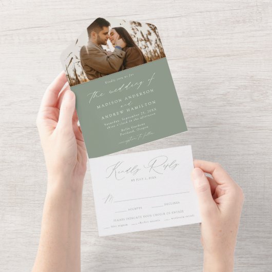 Modern Elegant Sage Green Photo Wedding All In One Uitnodiging (Afscheurbaar)