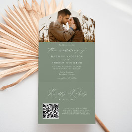 Modern Elegant Sage Green Photo Wedding All In One Uitnodiging