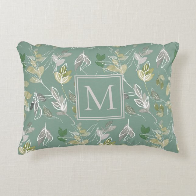 Modern Elegant Sage Green Silver Leaves Monogram Accent Kussen (Voorkant)