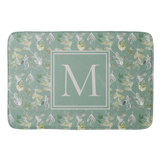 Modern Elegant Sage Green Silver Leaves Monogram Badmat (Voorkant)