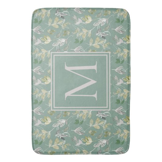 Modern Elegant Sage Green Silver Leaves Monogram Badmat (Voorkant Verticaal)