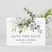 Modern Elegant Sage Green Waterverf Greenery Save The Date (Staand voorkant)