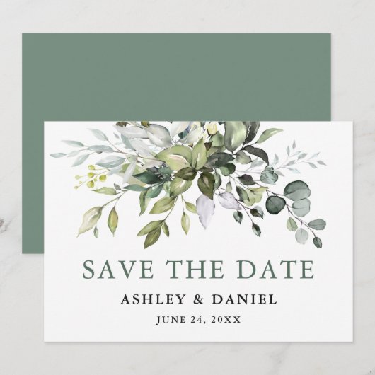 Modern Elegant Sage Green Waterverf Greenery Save The Date (Voorkant / Achterkant)