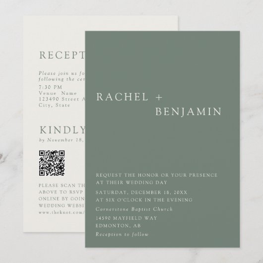 Modern Elegant Sage Green Wedding 2 Sided QR Code Kaart (Voorkant / Achterkant)