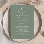 Modern Elegant Sage Green Wedding Menu<br><div class="desc">Eenvoudig en elegant trouwmenu met "Menu" in een modern wit script met een groene achtergrond of kleur van uw keuze. Personaliseer het sage groene trouwmenu door uw namen,  trouwdatum,  en menuinformatie toe te voegen. Ontworpen om te coördineren met ons Modern Elegance bruiloft collectie.</div>