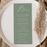 Modern Elegant Sage Green Wedding Menu<br><div class="desc">Eenvoudig en elegant trouwmenu met "Menu" in een modern wit script met een groene achtergrond of kleur van uw keuze. Personaliseer het sage groene trouwmenu door uw namen,  trouwdatum,  en menuinformatie toe te voegen. Ontworpen om te coördineren met ons Modern Elegance bruiloft collectie.</div>