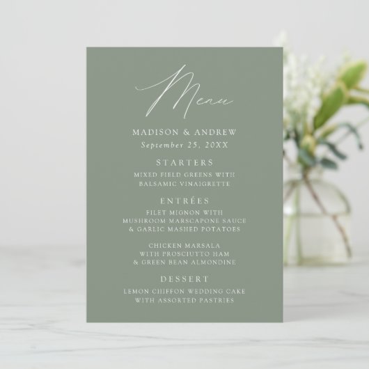 Modern Elegant Sage Green Wedding Menu (Staand voorkant)