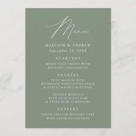Modern Elegant Sage Green Wedding Menu (Voorkant)