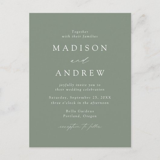 Modern Elegant Sage Green Wedding Uitnodiging Briefkaart (Voorkant)