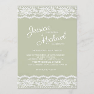 Modern Elegant Sage Green White Lace Wedding Kaart