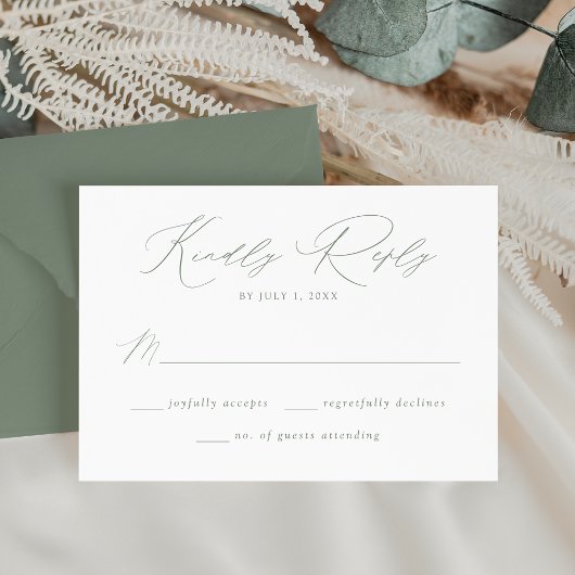 Modern Elegant Sage Groen Script Bruiloft RSVP Kaartje