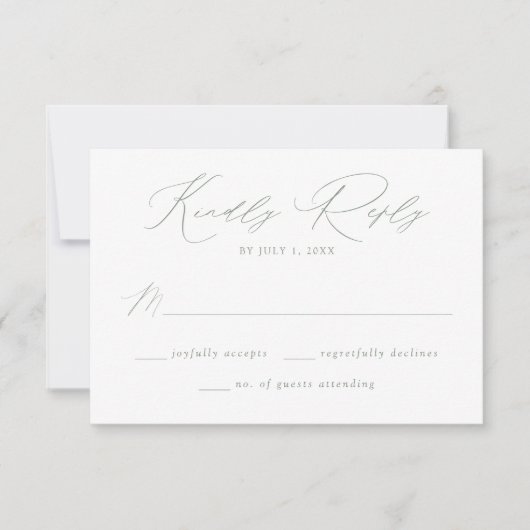 Modern Elegant Sage Groen Script Bruiloft RSVP Kaartje (Voorkant)