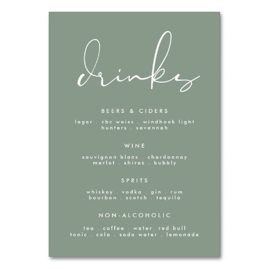 Modern Elegant Sage Groen Wit Bruiloft Drink Menu Kaart (Voorkant)