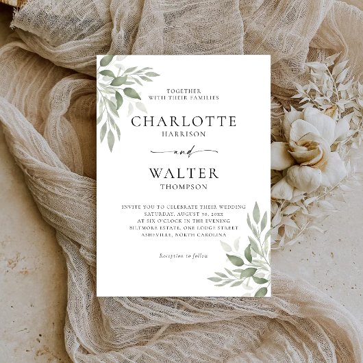 Modern Elegant Sage Leaves Wedding Invitation  Save The Date