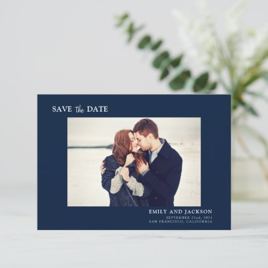 Modern Elegant Save the Date Foto Navy Blauw (Staand voorkant)