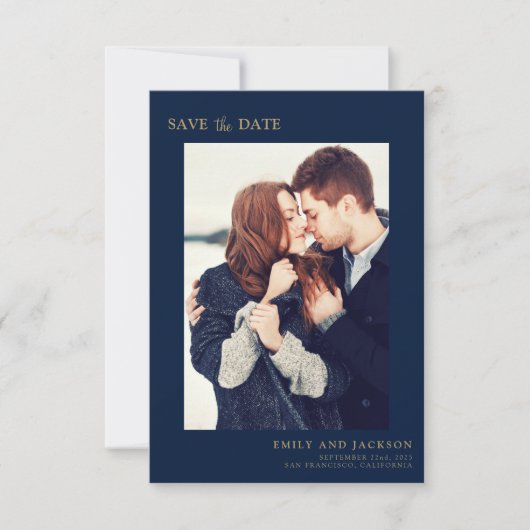 Modern Elegant Save the Date Foto Navy Blauw (Voorkant)