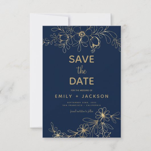 Modern Elegant Save the Date Navy Blauw Goud Bloem (Voorkant)