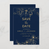 Modern Elegant Save the Date Navy Blauw Goud Bloem (Voorkant / Achterkant)