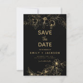 Modern Elegant Save the Date Zwart Goud Bloemen (Voorkant)