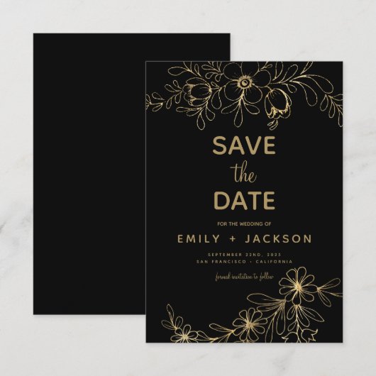 Modern Elegant Save the Date Zwart Goud Bloemen (Voorkant / Achterkant)