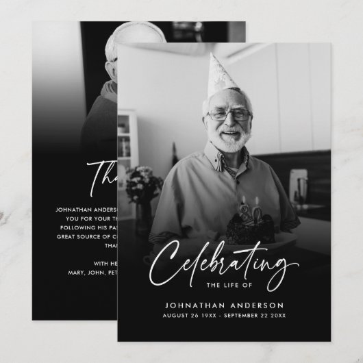 Modern Elegant Script 2-foto begrafenis/gedenkteke Bedankkaart (Voorkant / Achterkant)