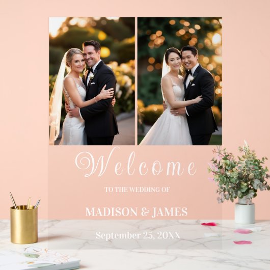 Modern Elegant Script 2 foto bruiloft welkom Acryl Bord (Huwelijk)