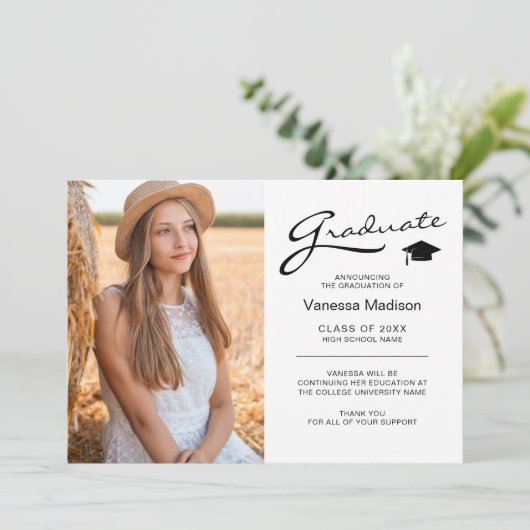 Modern Elegant Script 2 Sided Photo Afstudeerder Aankondiging (Staand voorkant)