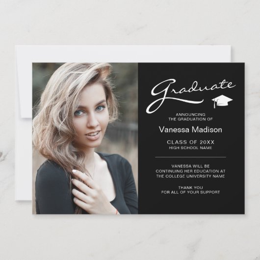 Modern Elegant Script 2 Sided Photo Afstuderen Aankondiging (Voorkant)