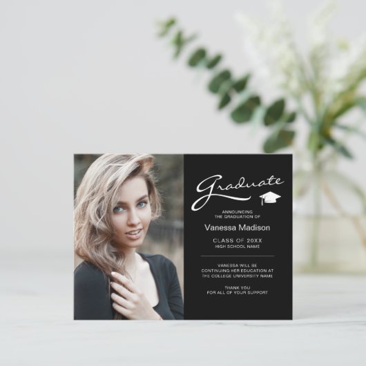 Modern Elegant Script 2 Sided Photo Afstuderen Briefkaart (Staand voorkant)