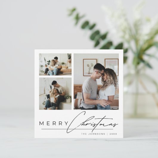 Modern Elegant Script 3 Photo Collage Christmas Feestdagenkaart (Staand voorkant)