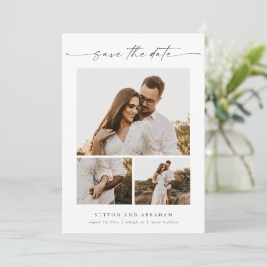 Modern elegant script 3 Photo Collage Save The Date (Staand voorkant)