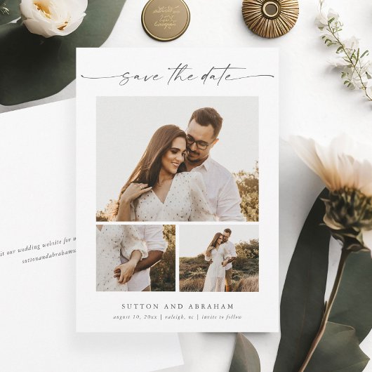 Modern elegant script 3 Photo Collage Save The Date