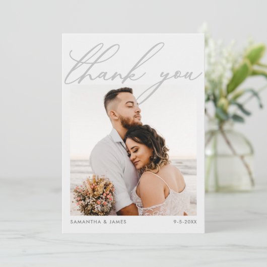 Modern Elegant Script 5-foto collage bruiloft Bedankkaart (Staand voorkant)