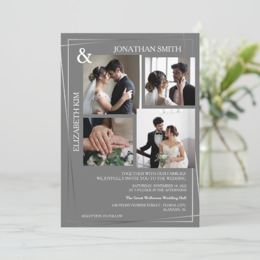 Modern Elegant Script 5 Fotoraster Overlay Bruilof Kaart (Staand voorkant)